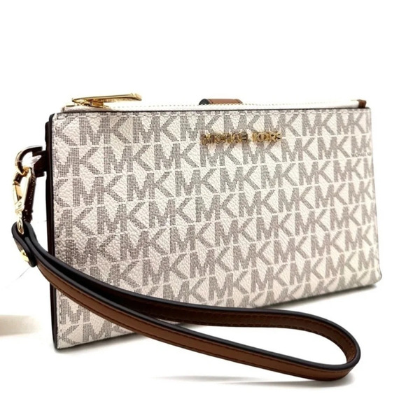 Michael Kors Large Double Zip Wallet Wristlet Vanilla/Brown - Picture 1 of 8